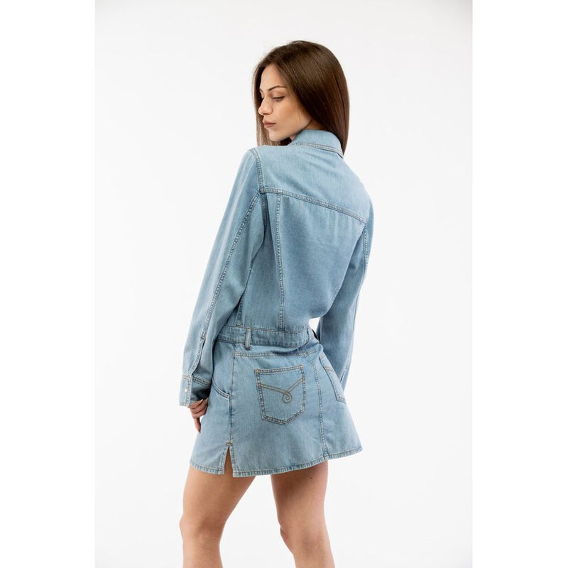 Light blue cotton denim casual shirt dress with long sleeves and back pockets
