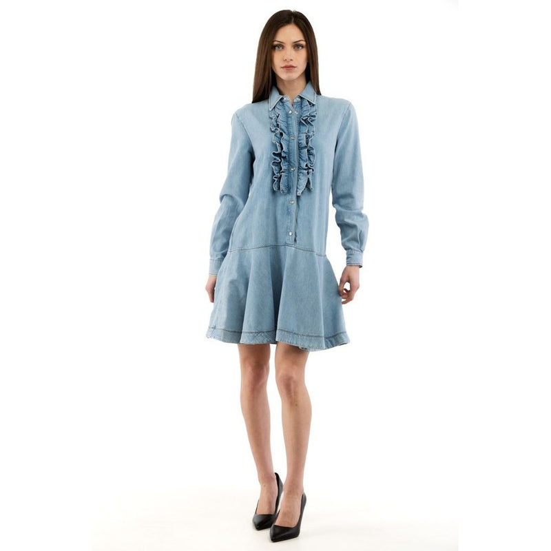 Light blue cotton denim casual dress with ruffles down the front