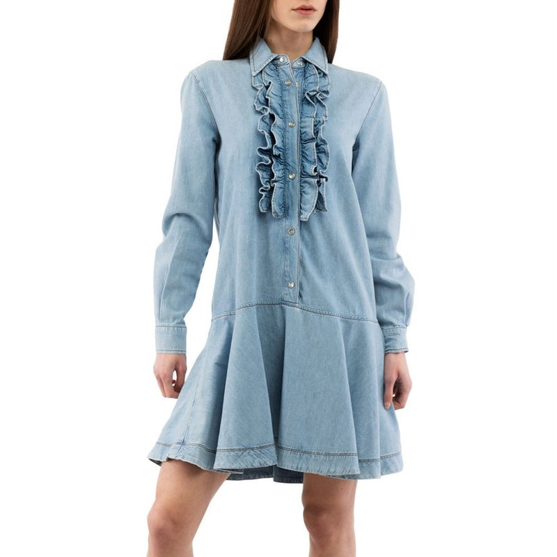 Light blue cotton denim casual dress with ruffles down the front and flared skirt
