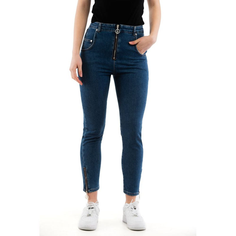 Blue high-waisted cotton jeans with a front zip and ankle zippers