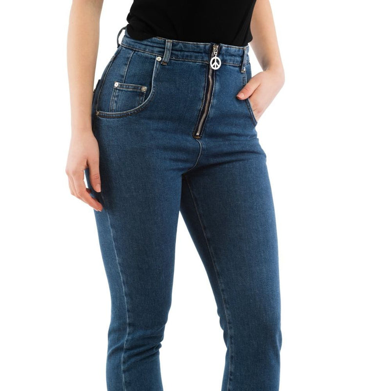 Blue cotton high-waisted jeans with front zip and peace sign pull