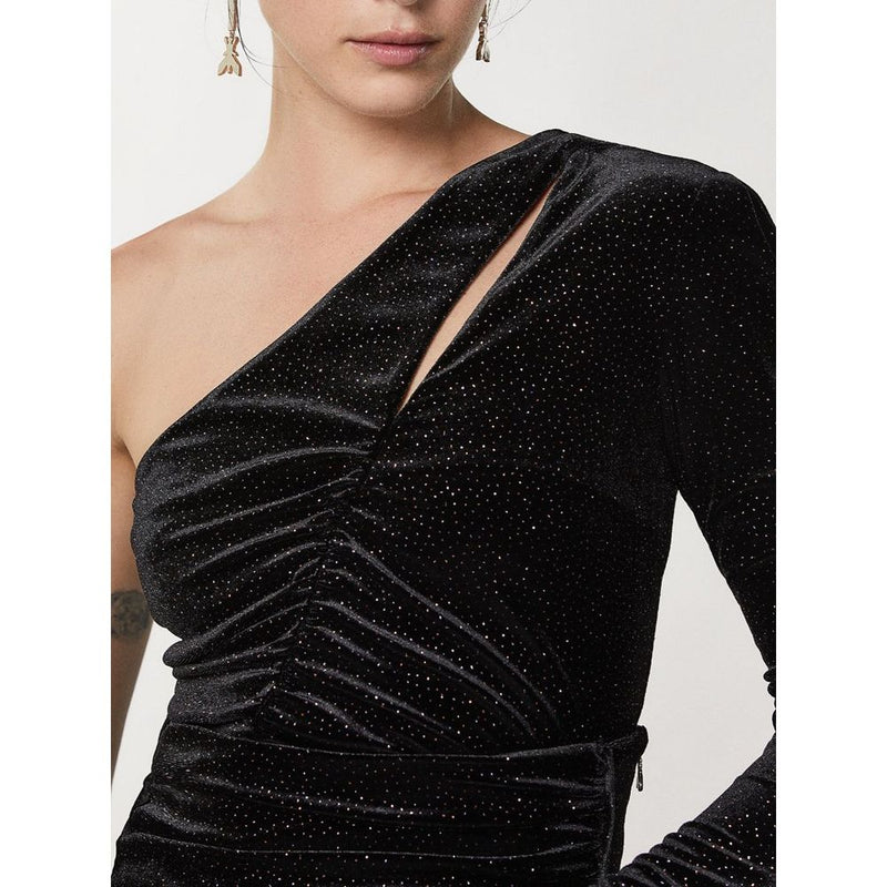 Black sparkly one-shoulder velvet top with ruching