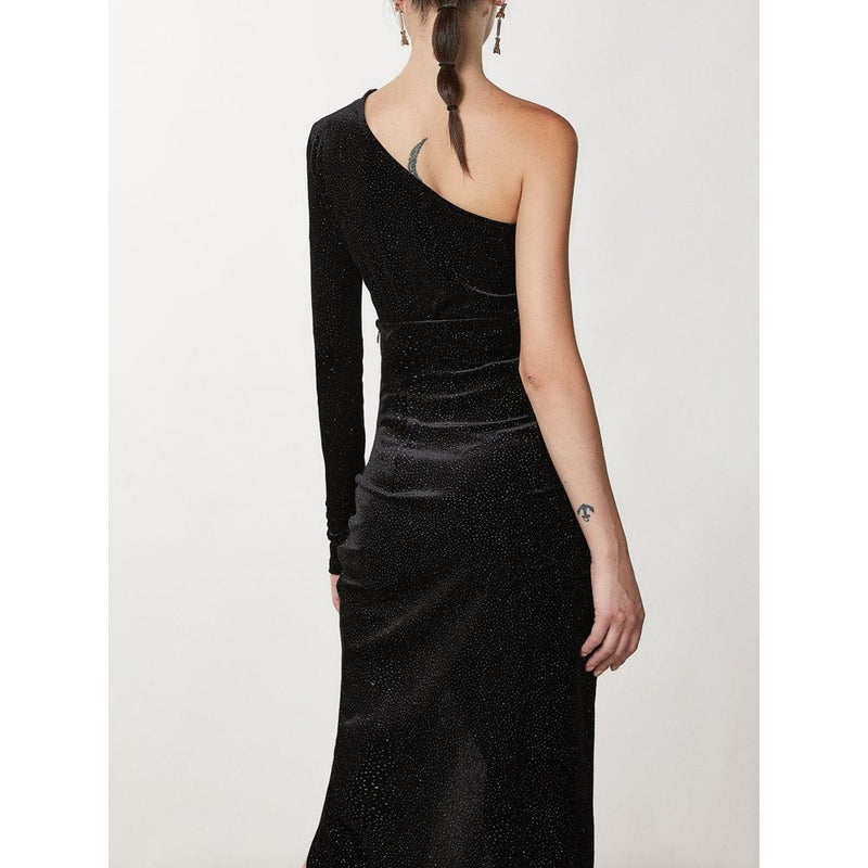 Black one-shoulder long sleeve dress in sparkly polyester fabric
