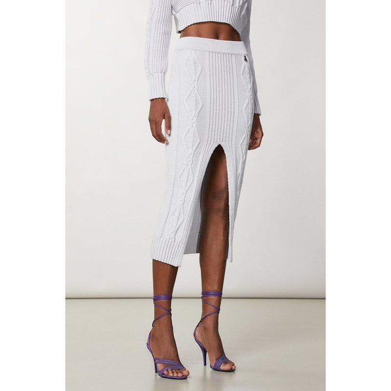 White knit midi skirt with cable-knit patterns and front split