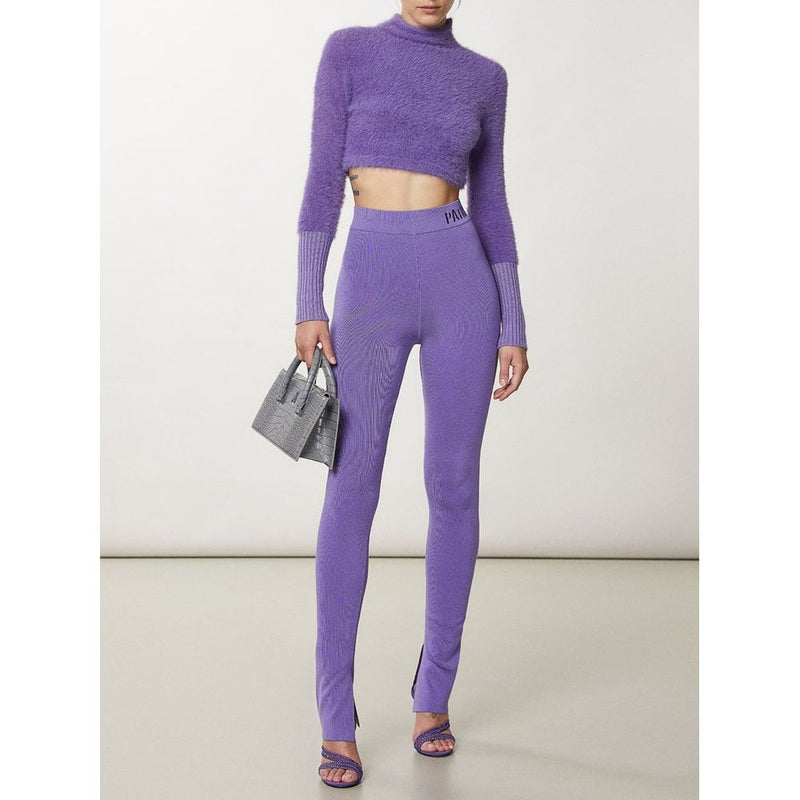 Purple lyocell knit leggings with branded elastic waistband and ankle slits