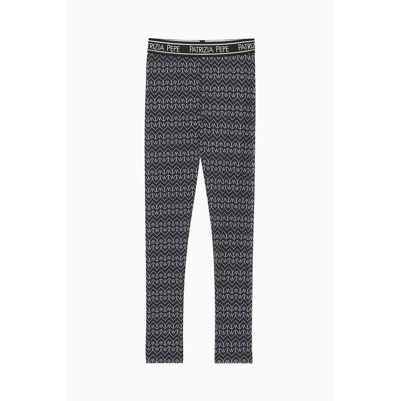 Black polyester leggings with a white chevron pattern and branded waistband