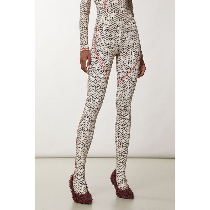 Beige and black patterned polyamide leggings with red contrast stitching