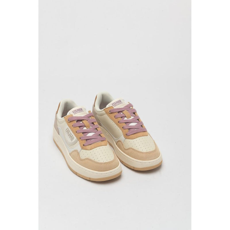 Colmar beige and purple low top sneakers with suede accents and thick white soles