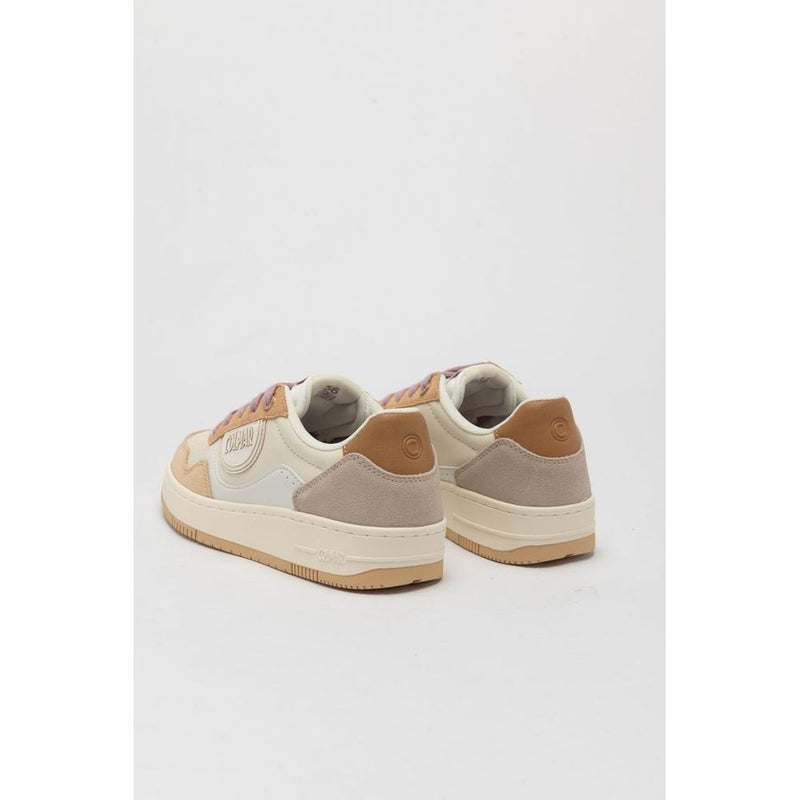 Multicolor polyethylene low top sneakers with beige and brown suede panels and thick rubber soles