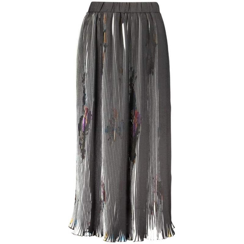 Black pleated polyester midi skirt with colorful abstract print