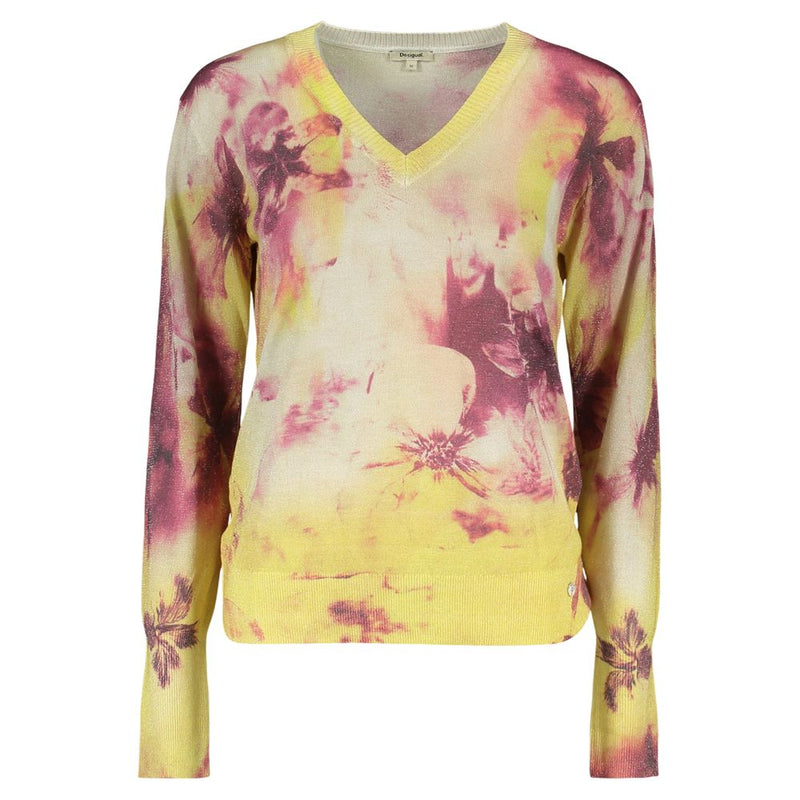Yellow and pink floral viscose V-neck long sleeve sweater