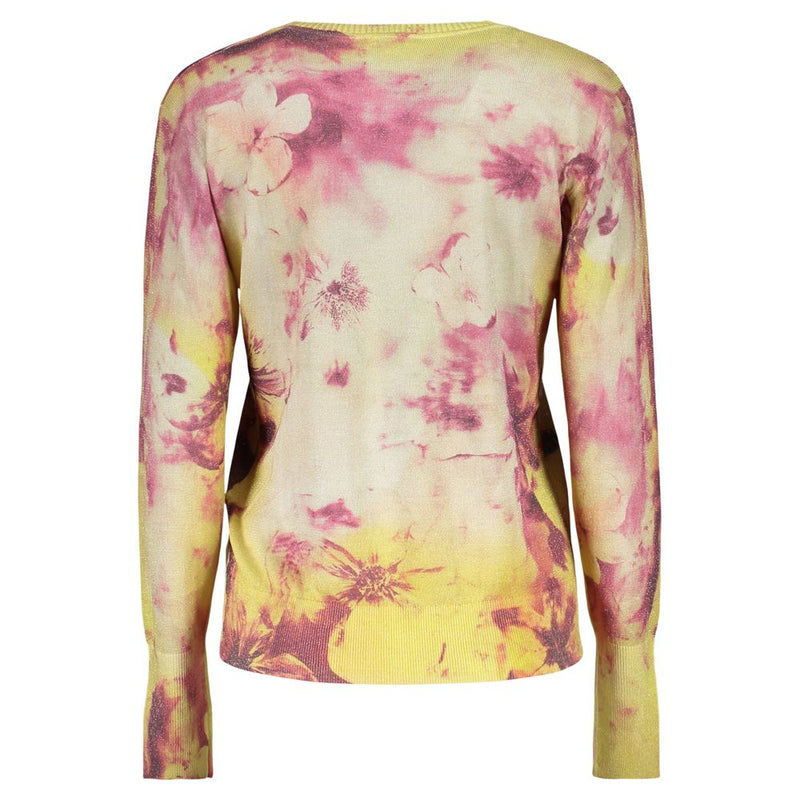 Yellow and pink floral viscose long-sleeve women's sweater