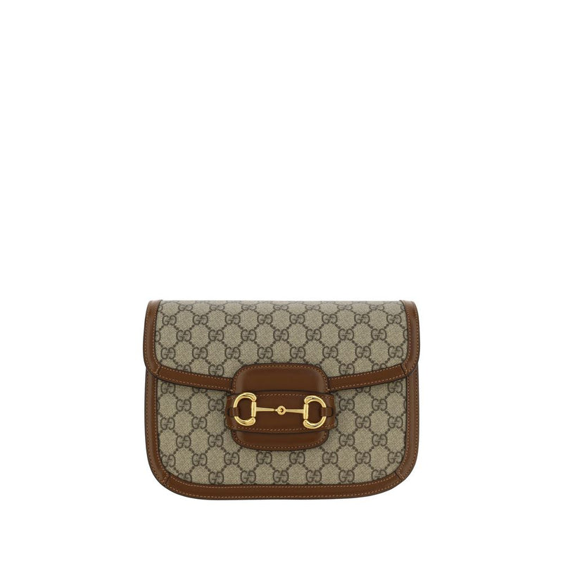 Gucci beige canvas handbag with brown leather trim and gold horsebit hardware