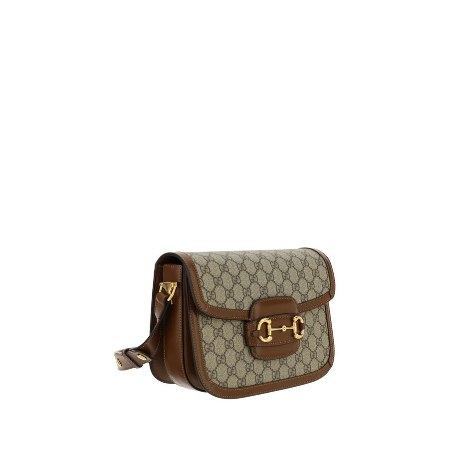Gucci beige canvas handbag with brown leather trim and gold horsebit hardware