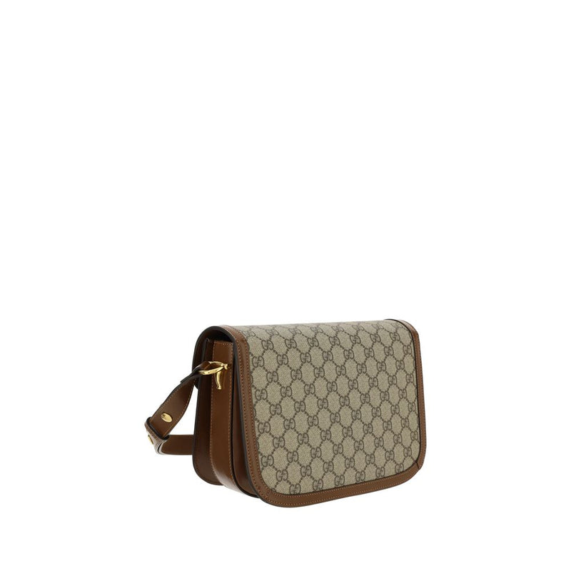 Gucci beige canvas handbag with brown leather trim and gold hardware