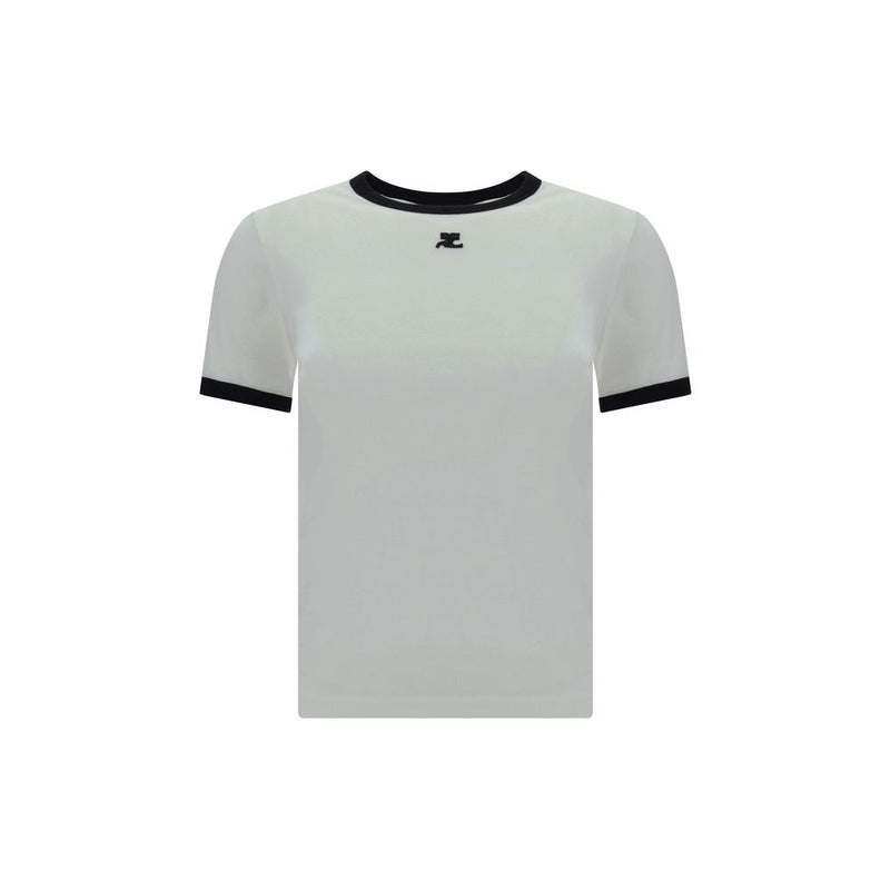 White cotton ringer t-shirt with black trim and chest logo