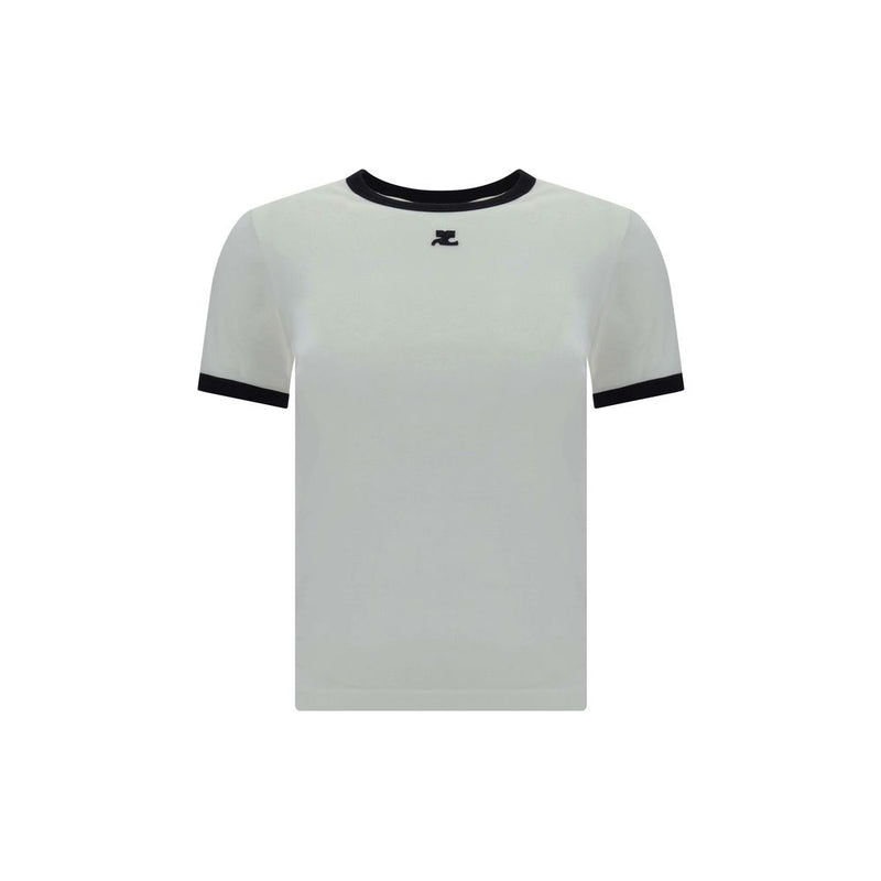 White cotton ringer t-shirt with black trim and chest logo