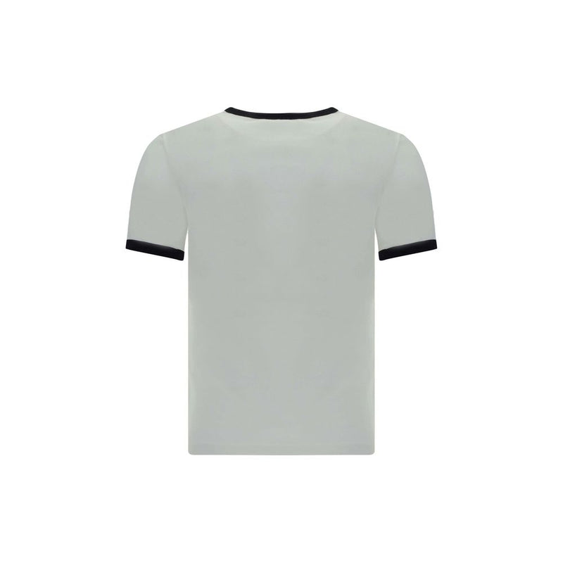 Courrèges white cotton ringer t-shirt with black trim on the crew neckline and short sleeves seen from the back