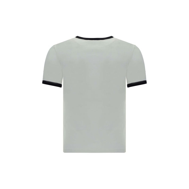 Back view of a white cotton t-shirt with black trim on the crew neckline and sleeve cuffs