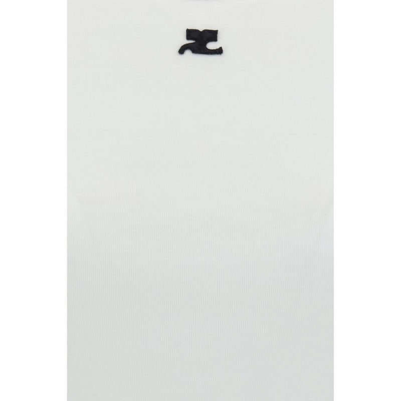 White cotton t-shirt featuring a black Courrèges logo embroidered on the chest
