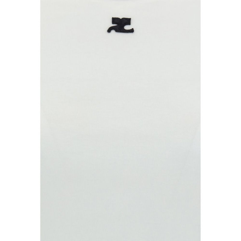 White cotton t-shirt with a small black embroidered logo at the neckline