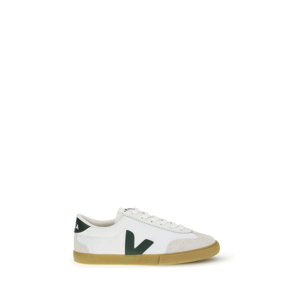 Veja white calf leather low-top sneakers with green V logo, suede toe detail, and gum rubber sole.