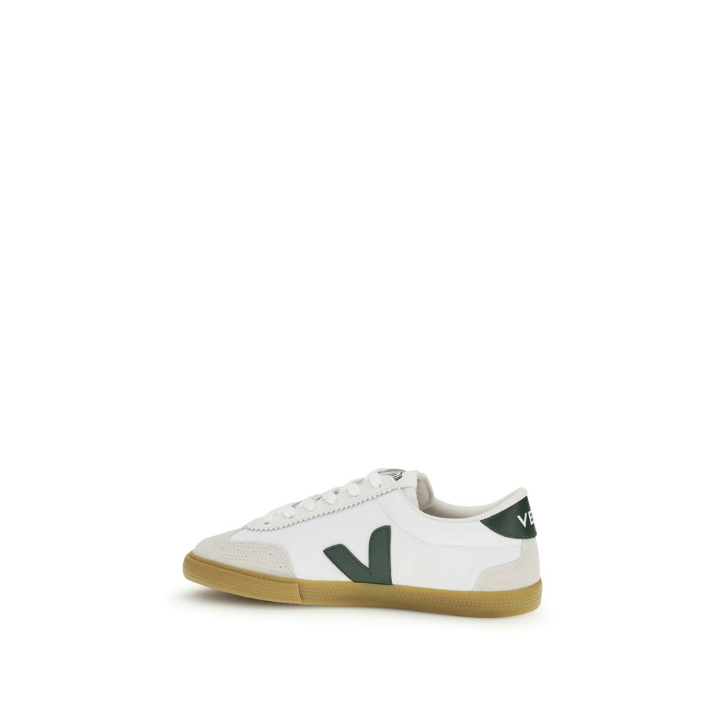 Veja white calf leather low-top sneakers with a dark green side logo, suede details, and a gum rubber sole.