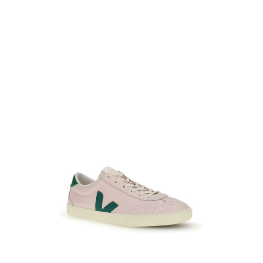 Pale pink calf leather low-top sneaker with a dark green side logo, white laces, and a textured rubber sole.