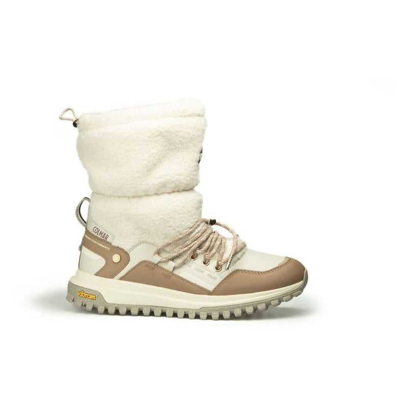 Cream polyester and leather ankle boot with fleece lining and lug sole