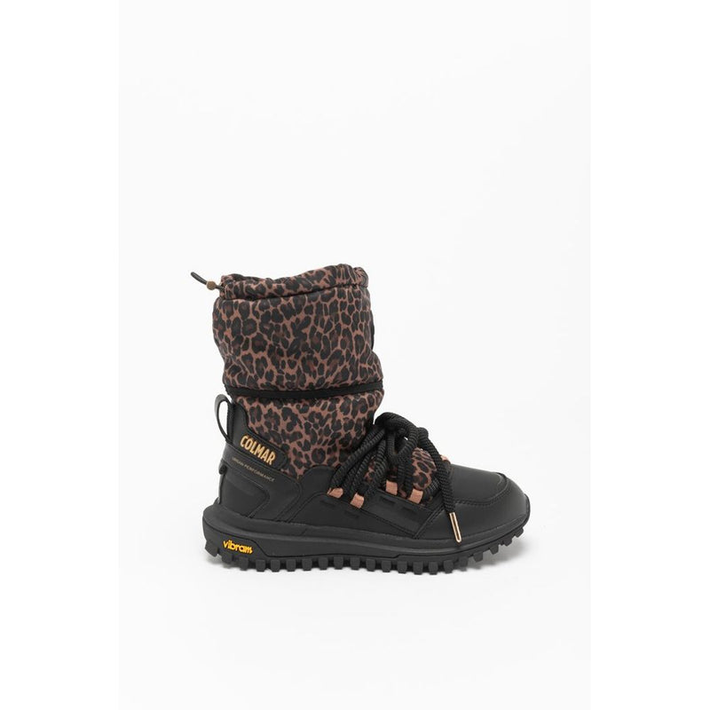 Colmar black polyester ankle boots with a leopard print upper, chunky laces, and a thick treaded sole