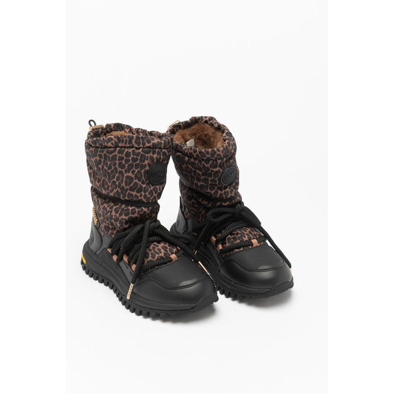Black and brown leopard print polyester ankle boots with thick black laces and rubber soles