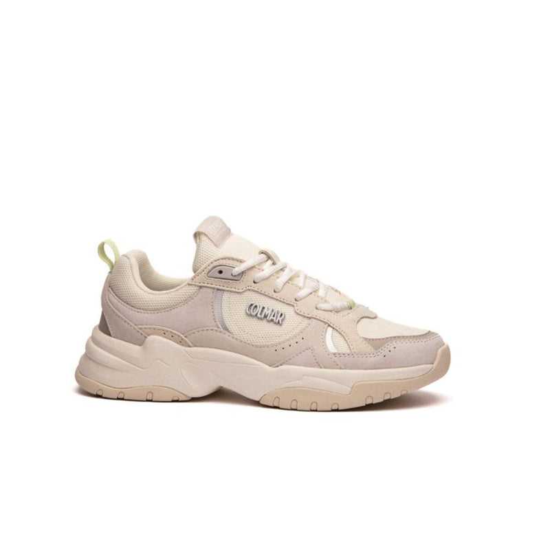 White leather and mesh chunky sneaker with thick beige sole