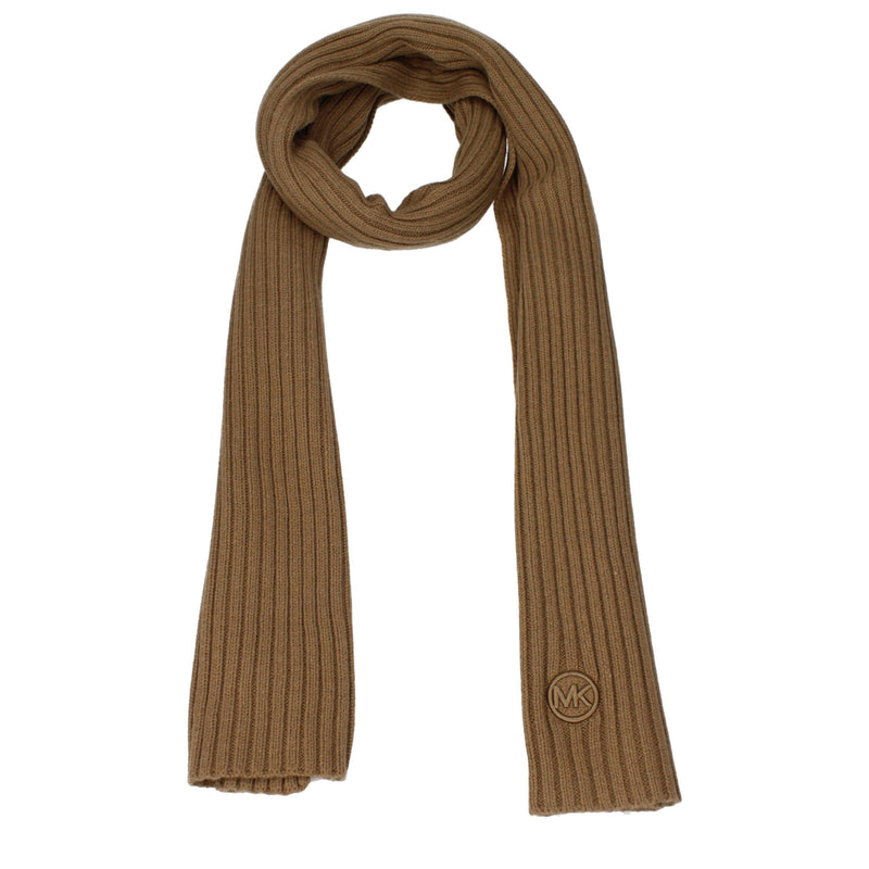 Brown ribbed knit polyester scarf with a circular MK logo patch