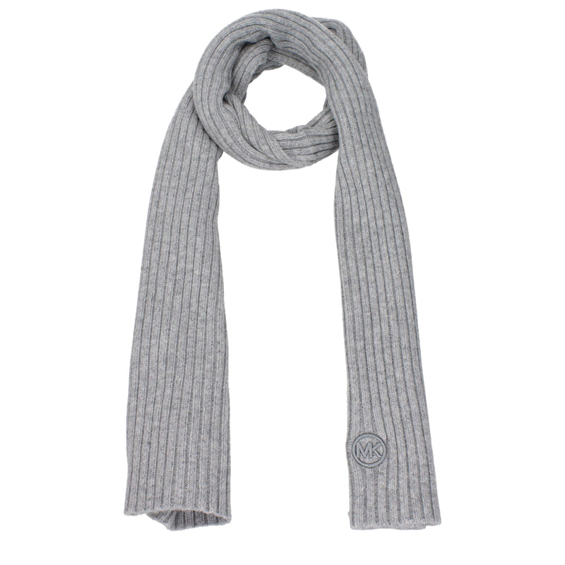 Gray ribbed knit polyester Michael Kors scarf with circular MK logo badge