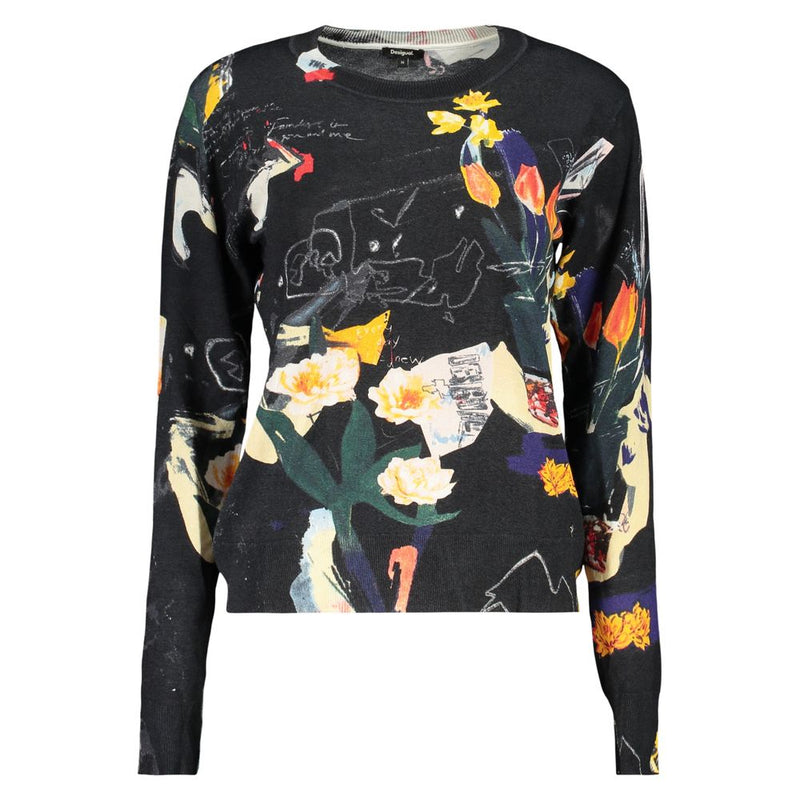 Black viscose crewneck sweater featuring colorful floral prints and abstract artistic graphics