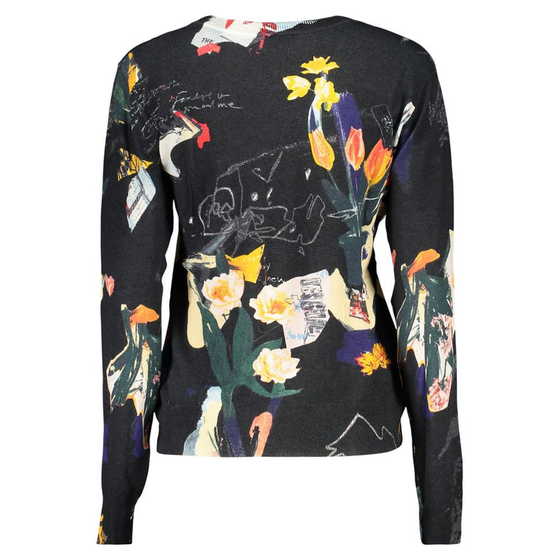Black viscose women's sweater with colorful floral print and long sleeves