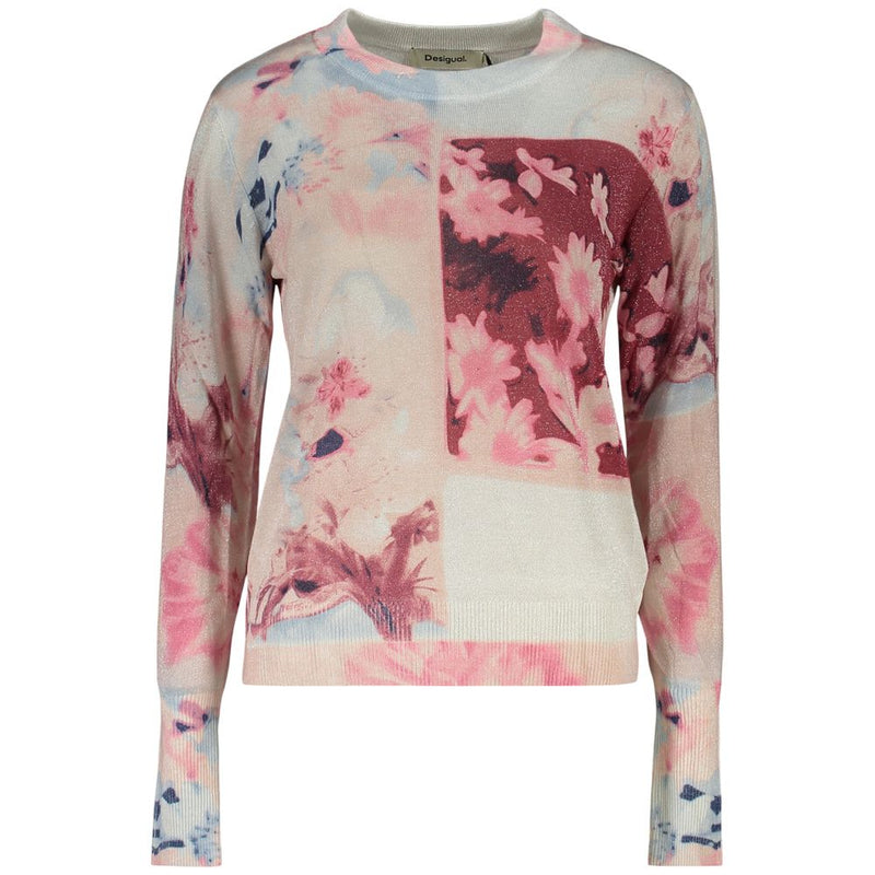 Pink and white floral knit viscose women's crewneck sweater