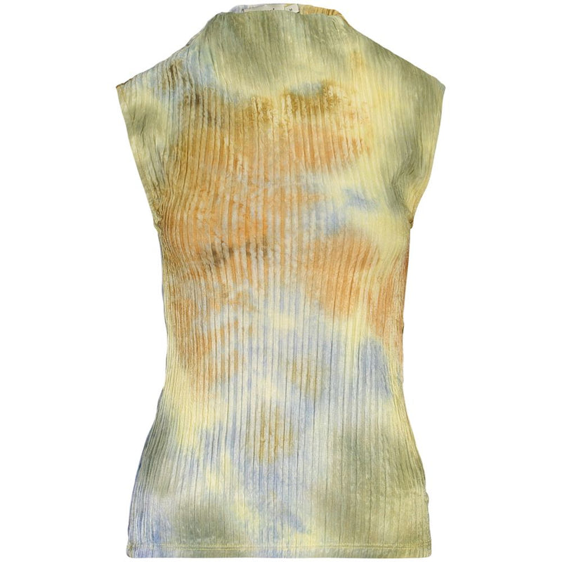 Yellow and green polyester pleated tank top with a tie-dye pattern