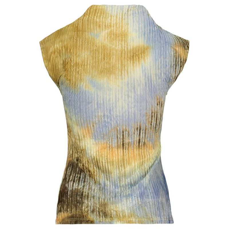 Yellow and blue pleated polyester women tank top with abstract tie-dye pattern