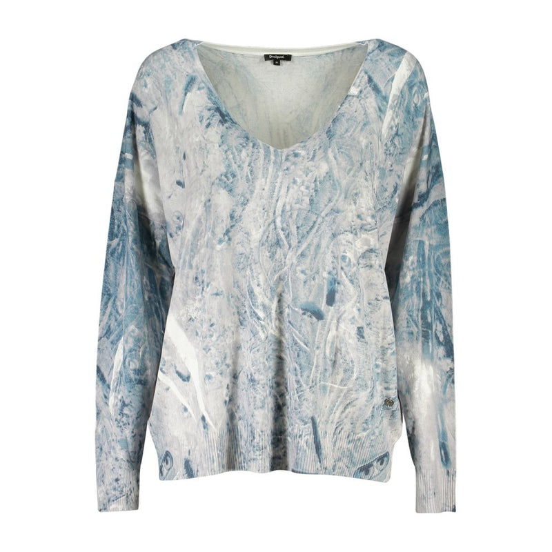 Blue and white wispy patterned V-neck knit sweater in viscose