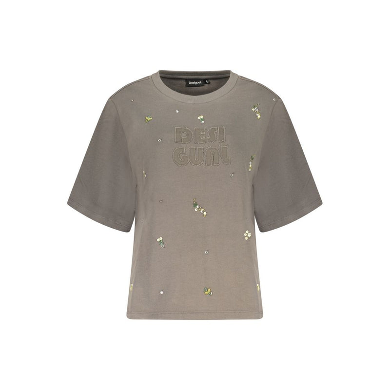 Grey cotton short-sleeve crewneck sweatshirt with embroidered logo and floral details