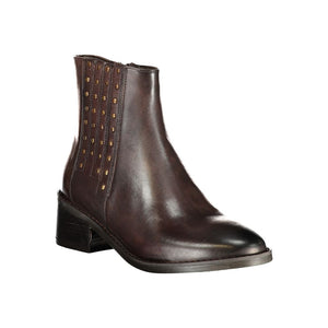 Cafenoir brown leather ankle boot with side panel featuring gold studs and a block heel.