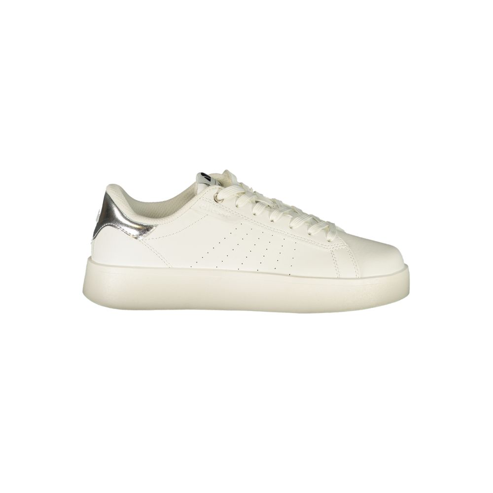 Ellesse women's white polyurethane sneaker with a casual low-top style and a silver heel accent.