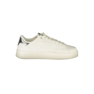 Ellesse women's white polyurethane sneaker with a casual low-top style and a silver heel accent.