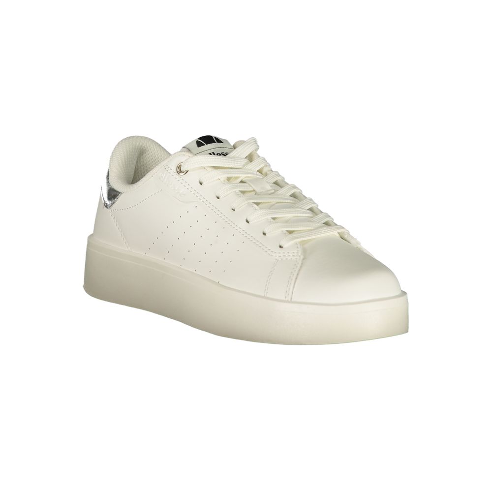Ellesse white polyurethane women's lace-up platform sneaker with silver heel detail.