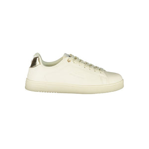 White Ellesse polyurethane women's sneaker with gold metallic heel accent and low-top casual style.
