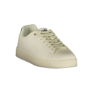 Ellesse white polyurethane women's sneaker with lace-up closure and low-top design on a white background.