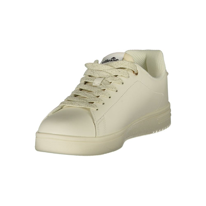 Ellesse women's white polyurethane low-top sneaker with glittery laces, isolated on a white background.