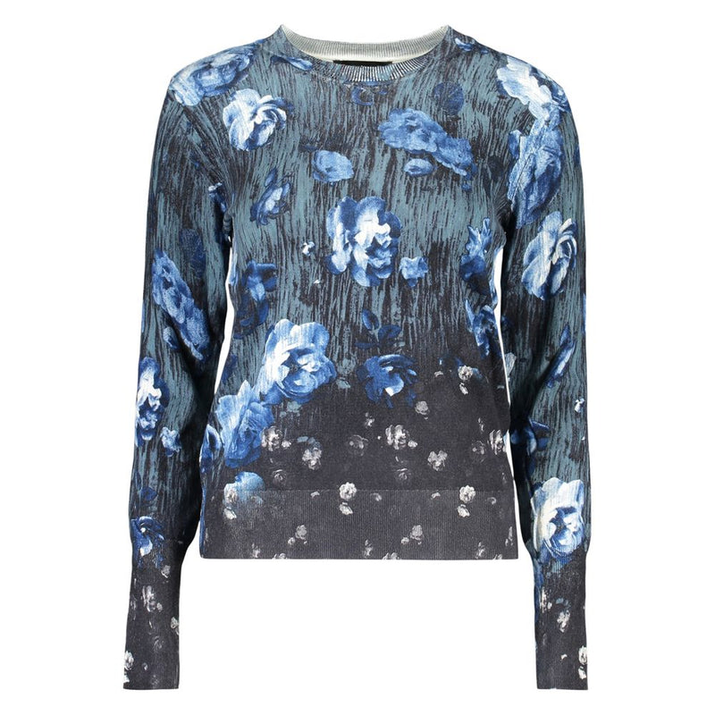 Blue viscose women's sweater with a crew neck and blue floral print on a textured dark background