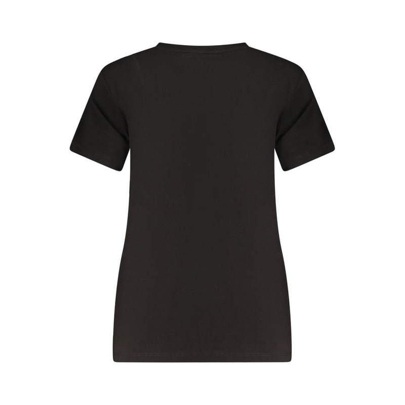 Back view of a plain black cotton short-sleeve women t-shirt